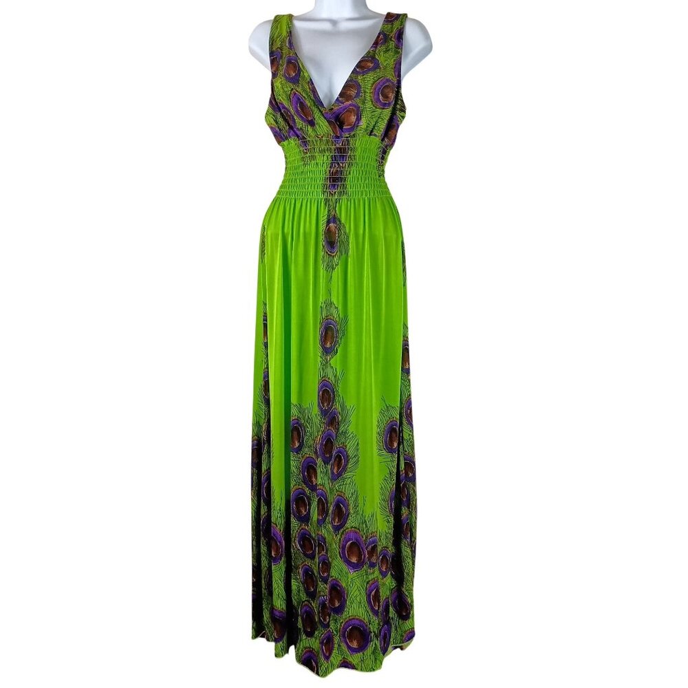 Peacock Maxi Dress Womens XS Green Smocked Empire Waist Boho Festival Tencel